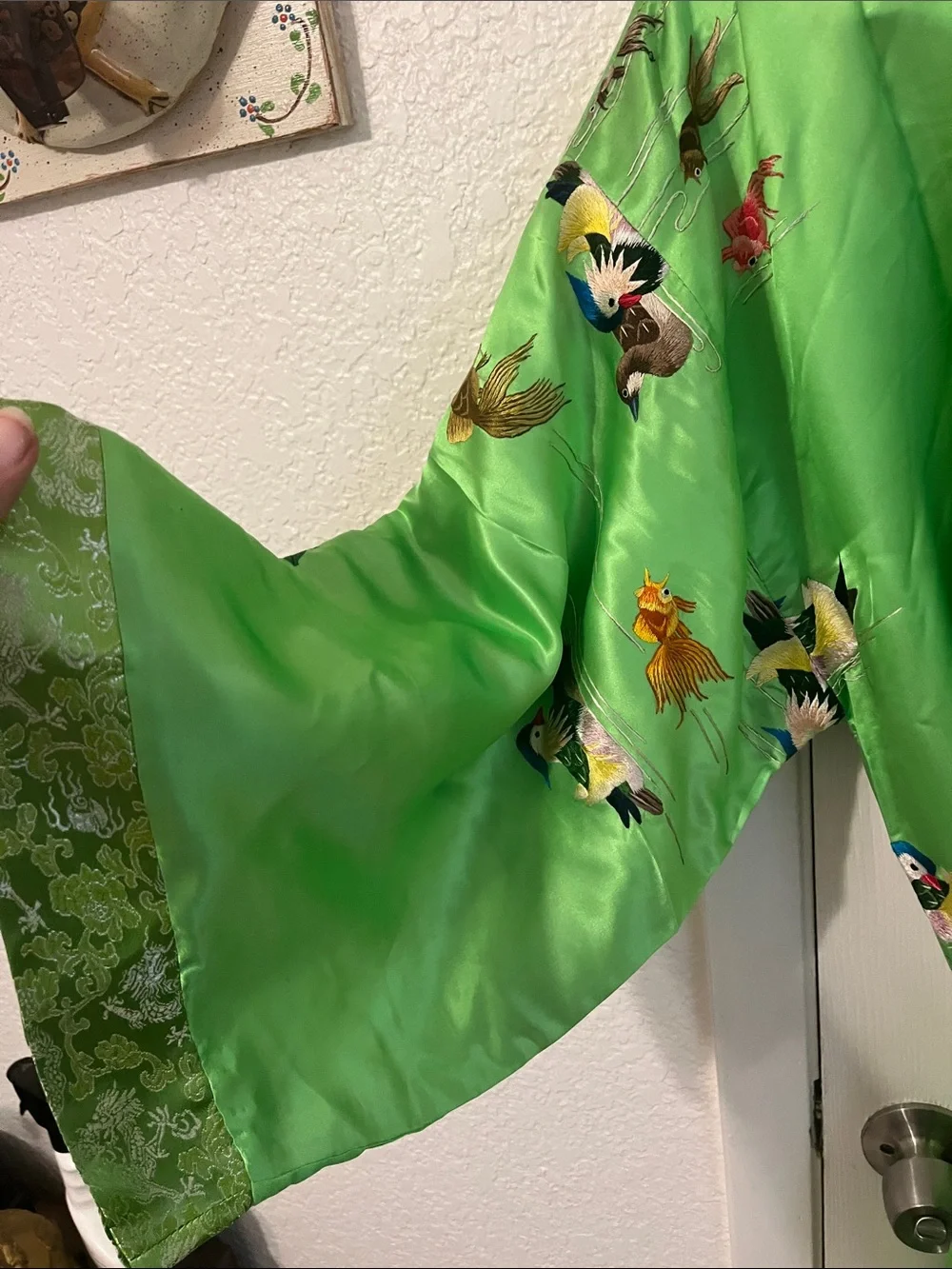 Green Embroidered Silk Kimono Robe